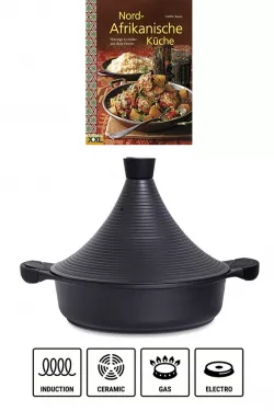 Marokkanische Tajine für Induktion Hakan Schwarz 28cm + Nord-Afrikanische Küche Kochbuch