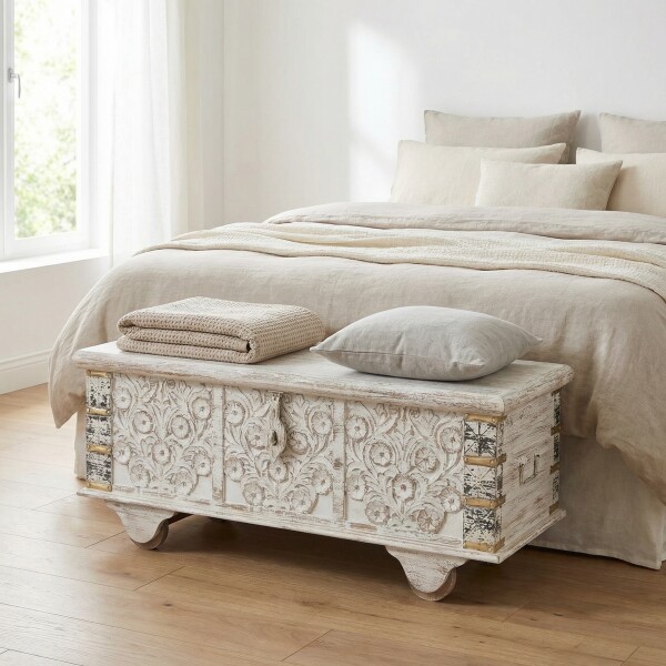 Massivholz-Sitztruhe Shabby Chic, handgeschnitzt, 116cm