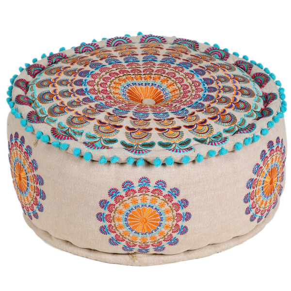 DK Homewares Pouf Rond Indien Repose-Pieds Blanc Patchwork en Coton