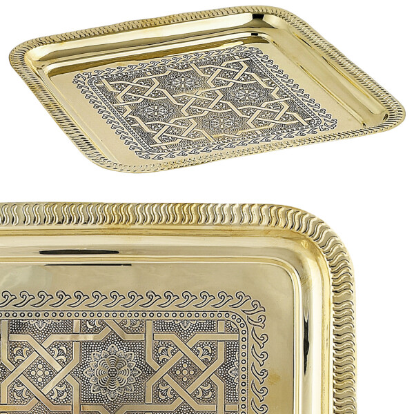 Eckiges orientalisches Serviertablett, Metall, Gold, 27 cm