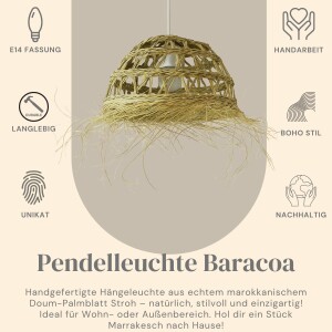 Pendelleuchte Baracoa | Boho Hängelampe aus Doumpalmenblatt Stroh 45cm