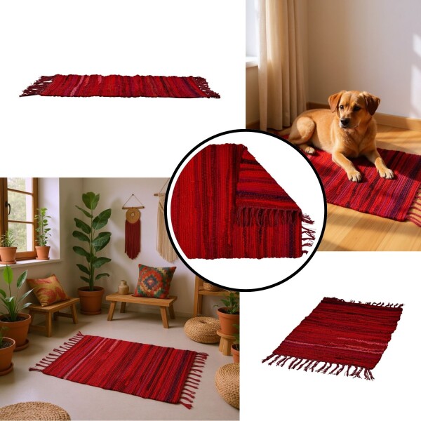 Boho Vorleger aus recycelter Baumwolle, Rot, 50 × 90 cm
