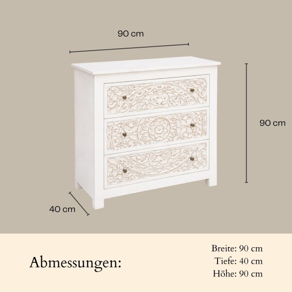 Weiße Schubladenkommode aus Massivholz, orientalisch, 90 cm