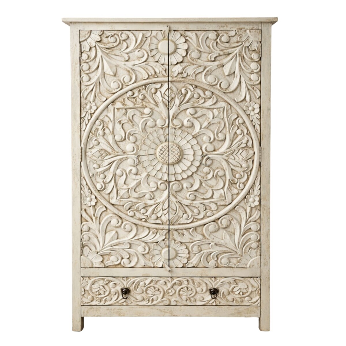 Highboard Surya weiss Massivholz 190cm handgeschnitzt Boho