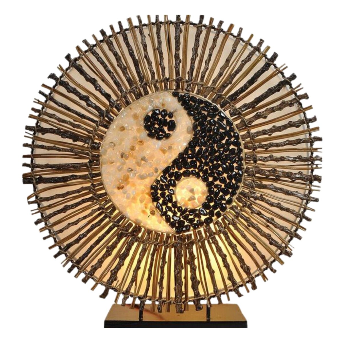 Tischlampe Yingyang Batur 30 cm, Capiz-Leuchte mit Bambusrin
