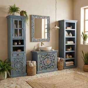 Badezimmerregal Kirpal Blau orientalisch Massivholz 180cm