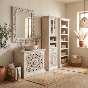 Badezimmerregal Kirpal Weiss orientalisch Massivholz 180cm