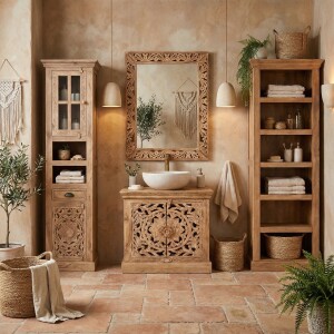 Badezimmerschrank Kirpal Natur orientalisch Massivholz 188cm
