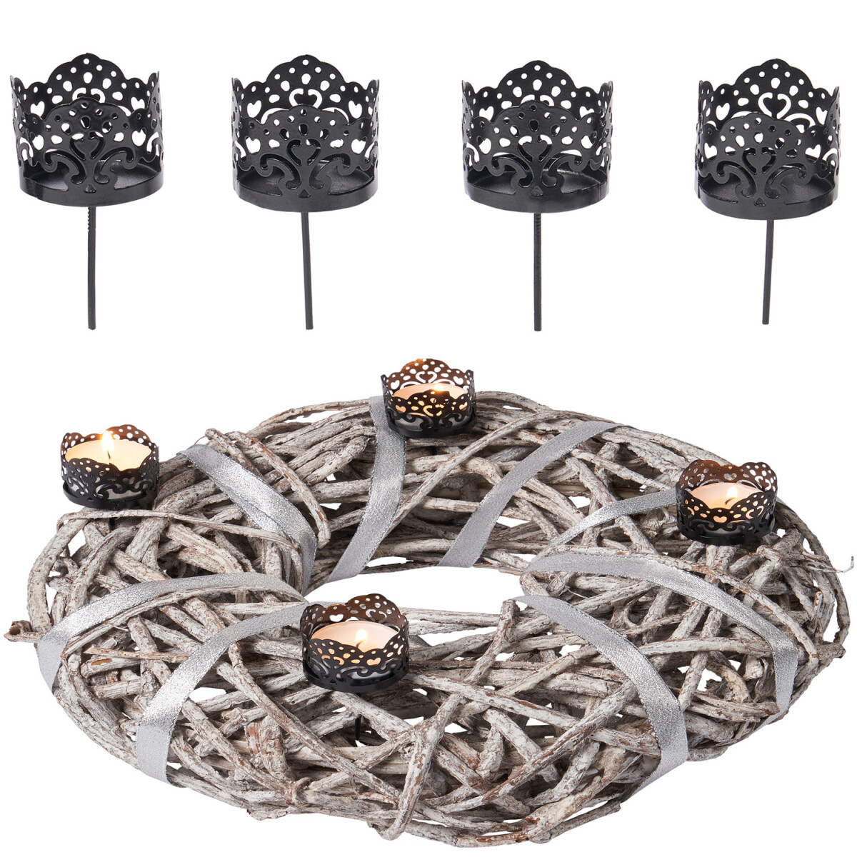 4er Set Vintage Adventskranzstecker Mulano aus Metall in Sch