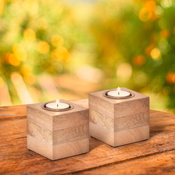 4er-Set Teelichthalter aus Holz, Natur, 7,5 cm