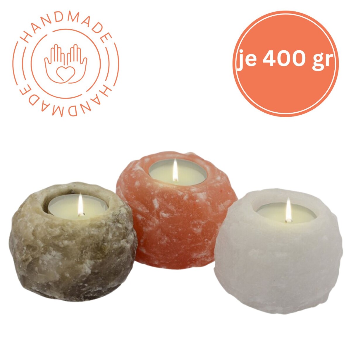 Salzkristall Teelichthalter ROCK TRIO | Handarbeit | 400g | 