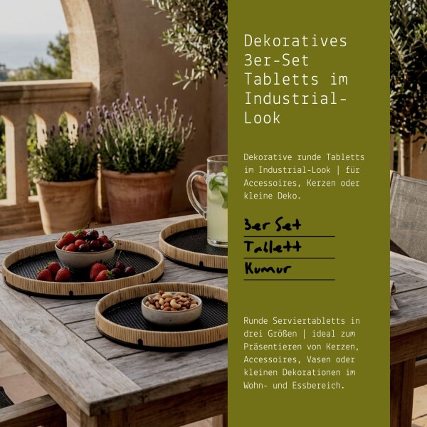3er-Set Boho Tabletts aus Metall, Rattan-Optik, 50 cm