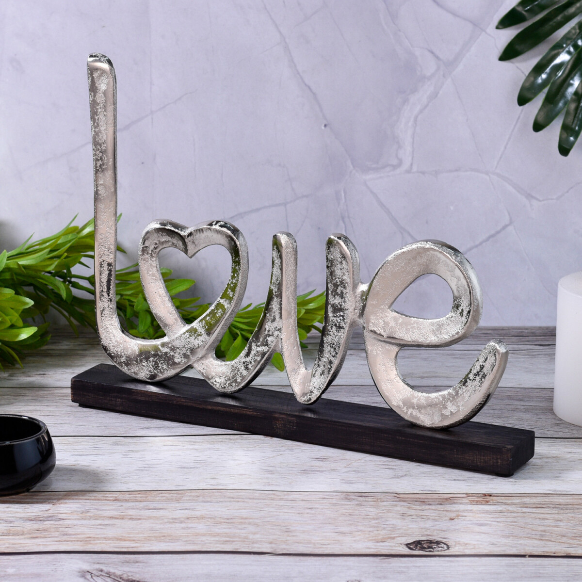 Love Dekoaufsteller Amour edel aus Holz und Aluminium in Sil