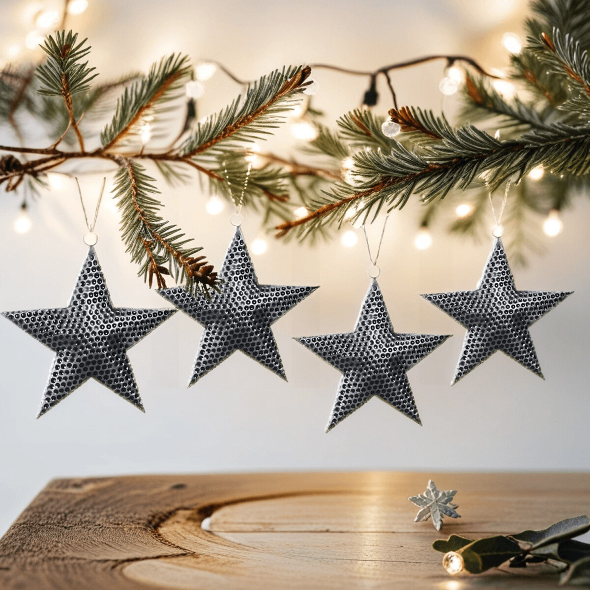 4er Set Vintage Christbaumschmuck Stern aus Metall silber 18