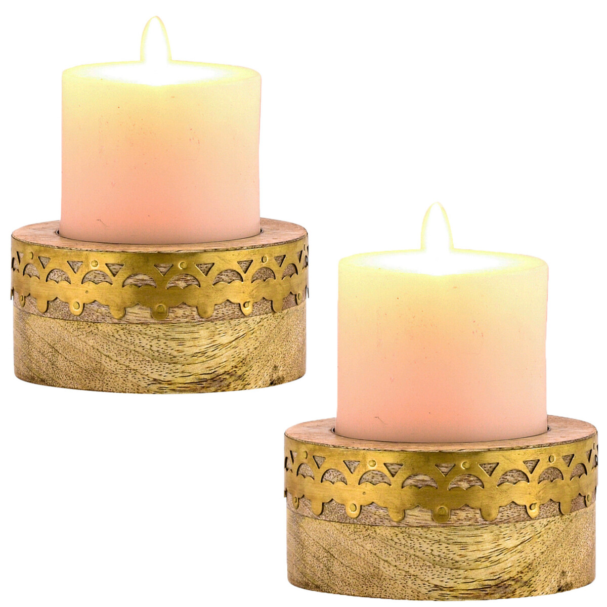 2er Set Boho Holz-Kerzenleuchter Halid edel aus Metall in Br