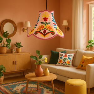 Shabby Chic Lampe Shyamana Lila 33cm | Boho Stoff Pendelleuchte